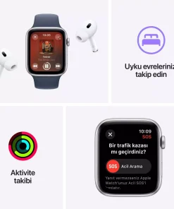 Apple Watch SE GPS 44mm Gümüş Alüminyum Kasa Fırtına Mavisi Spor Kordon M/L MREE3TU/A -6