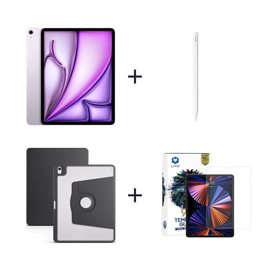 iPad Air 13 inç M3 Wi-Fi Mor, Apple Pencil USB-C, Siyah Kılıf, Ekran Koruma Bundle