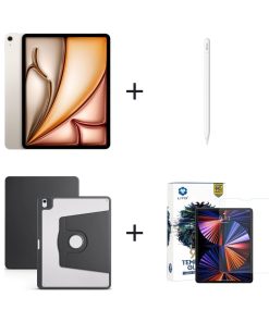 iPad Air 13 inç M3 Wi-Fi Yıldız Işığı, Apple Pencil USB-C, Siyah Kılıf, Ekran Koruma Bundle