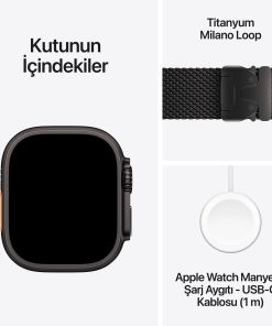 Apple Watch Ultra 4 GPS + Cellular 49mm Siyah Titanyum Kasa Siyah Titanyum Milano Loop Kutu İçeriği