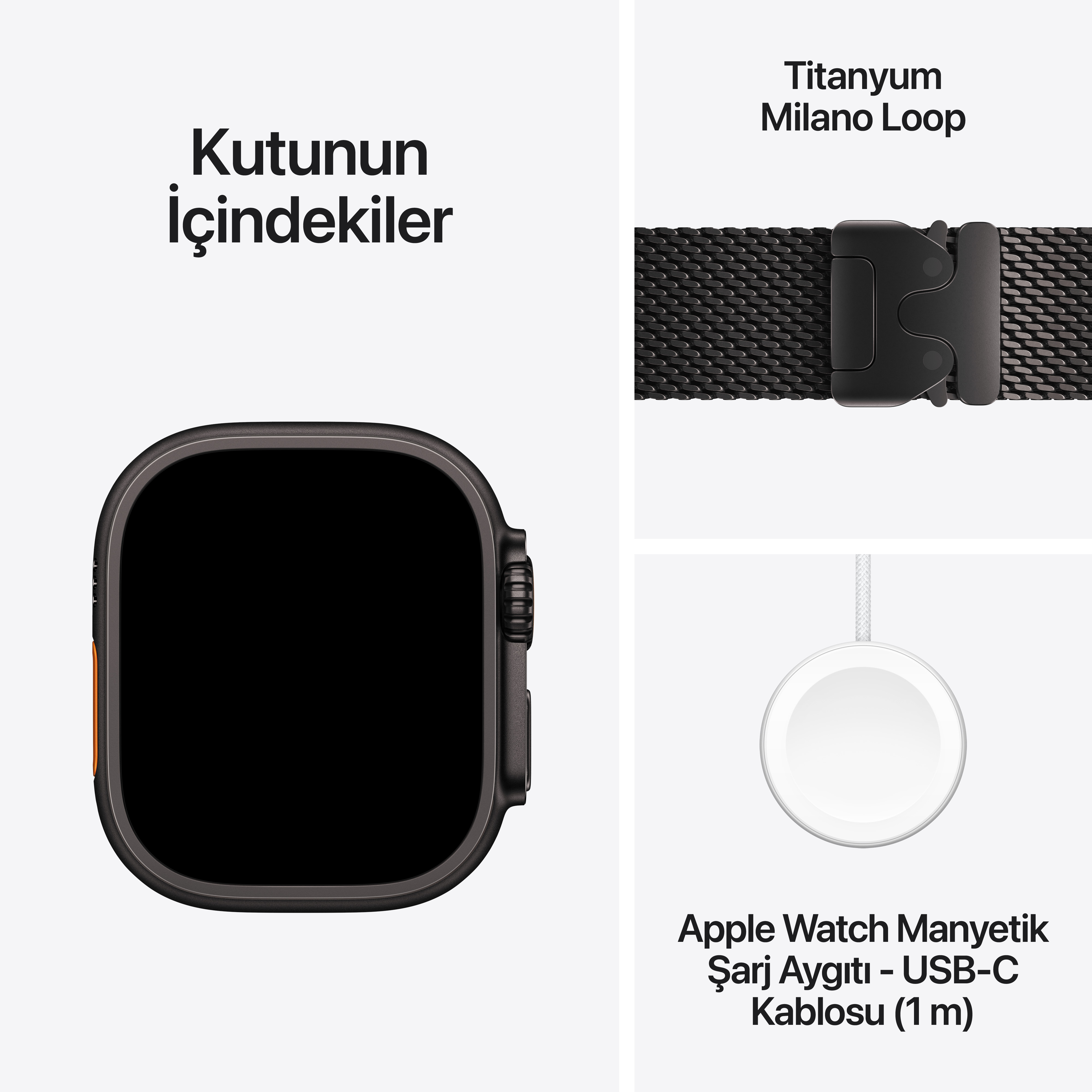 Apple Watch Ultra 4 GPS + Cellular 49mm Siyah Titanyum Kasa Siyah Titanyum Milano Loop Kutu İçeriği