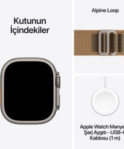 Apple Watch Ultra 4 GPS + Cellular 49mm Natürel Titanyum Kasa Çöl Rengi Alpine Loop Kutu İçeriği